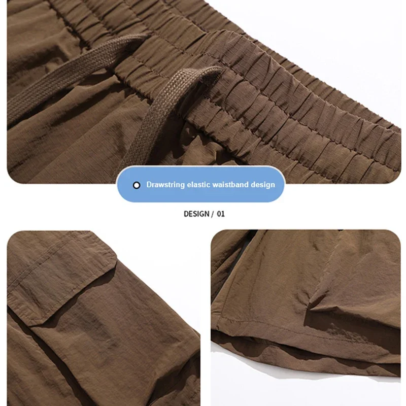 Calça curta masculina de secagem rápida, roupa de trabalho ao ar livre, verão, sensação legal, retrô, falsa, casual, comprimento de cinco quartos, calça de moletom