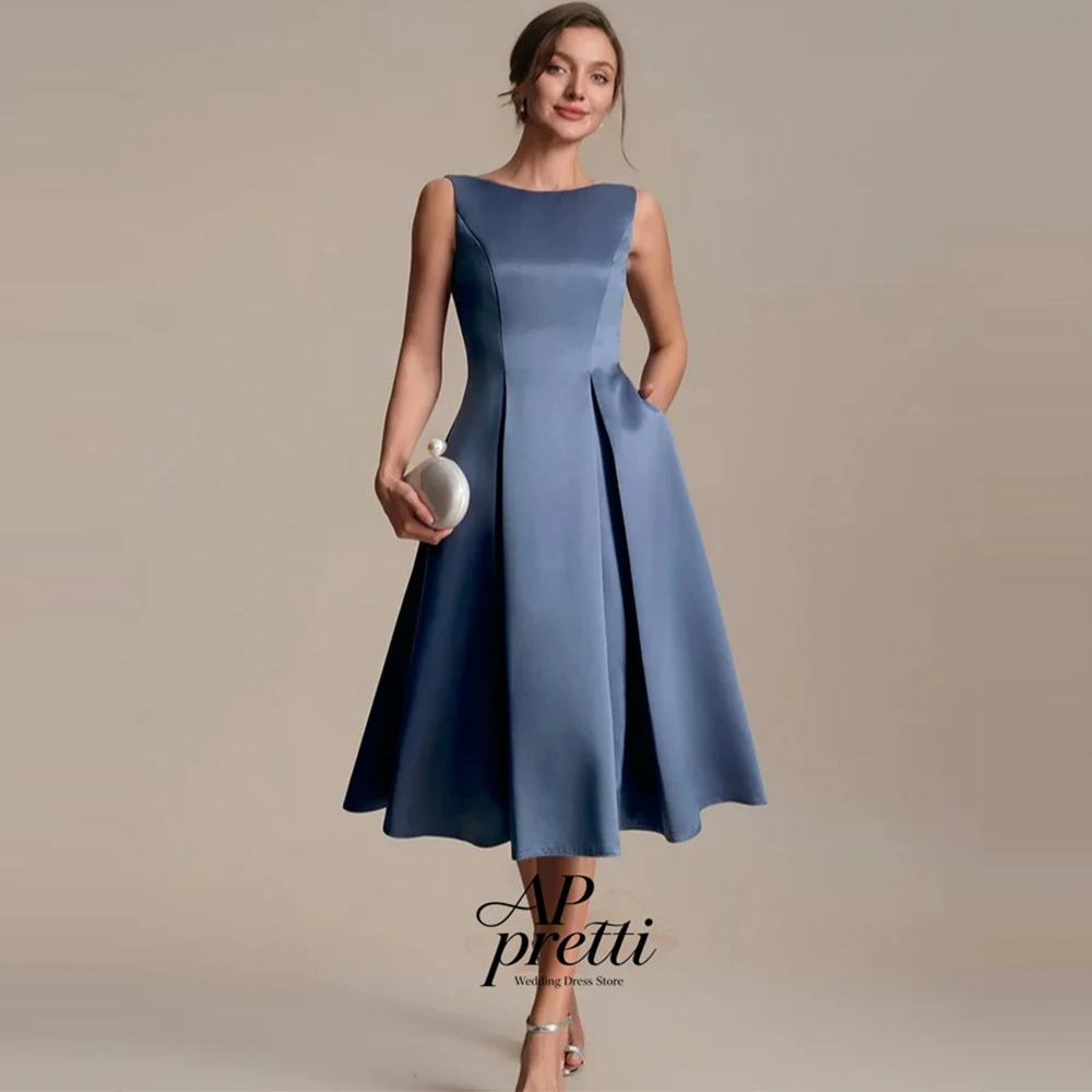 AP pretti Elegant Soft Satin Korea Bridesmaid Dresses O-Neck Customized Sleeveless A-line Tea-Length Wedding Guest Dresses 2026