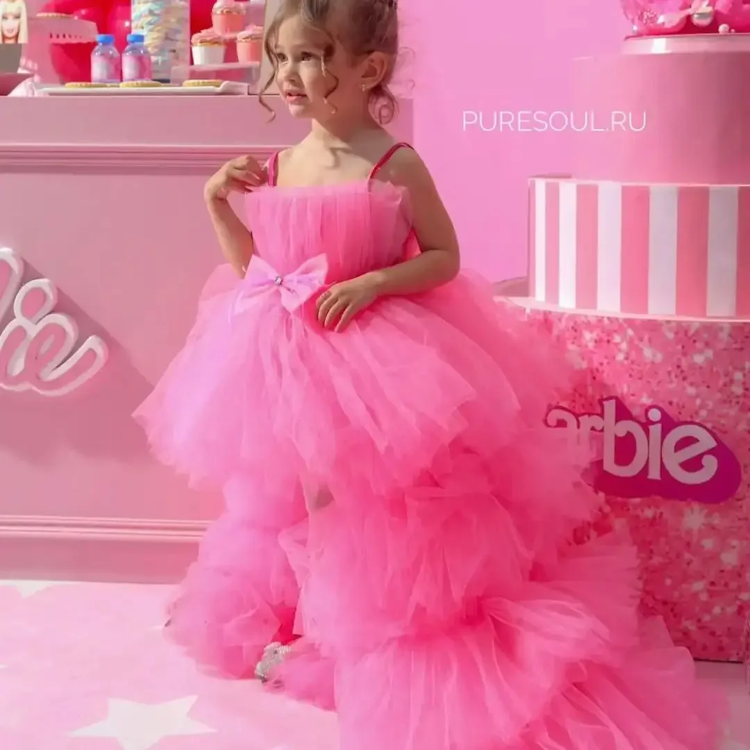Barbie Flower Girl Dresses for Wedding Bow Layered High-Low Length Girl Kids Birthday Party First Communion Gown Customized