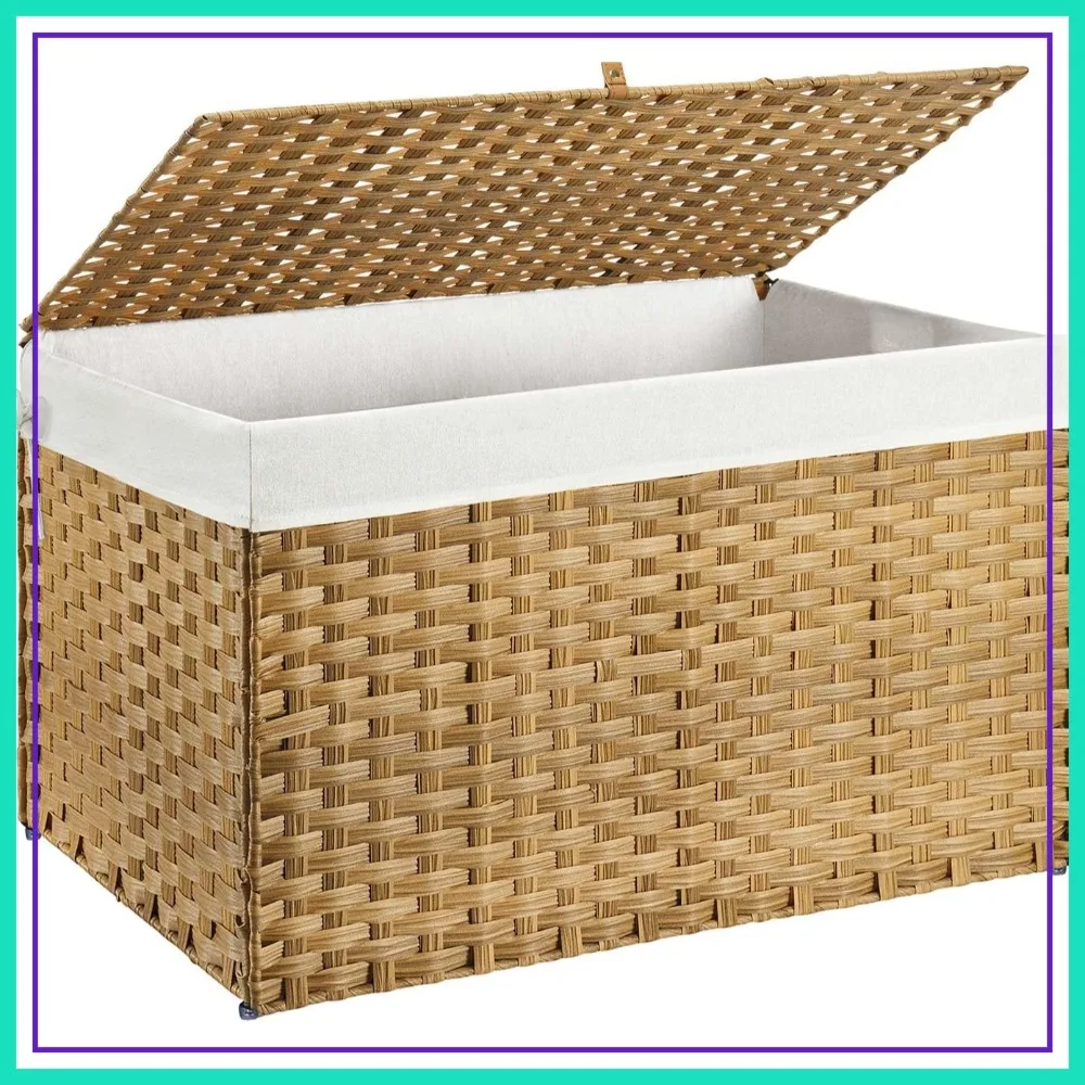 

42.3 Gallon Large Wicker Storage Basket with Lid, Foldable, Metal Frame, 2 Removable Liners, Brown, 30"x18"x18"