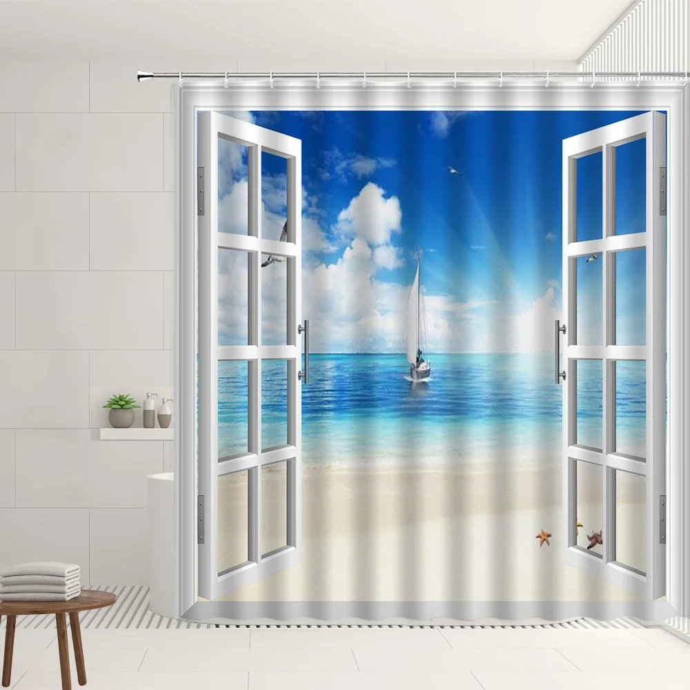 Window Scenery Shower Curtain Ocean Sandy Beach Bathroom Wall Hanging Curtains Blue Sea Sky Scenic Waterproof Screens Home Decor