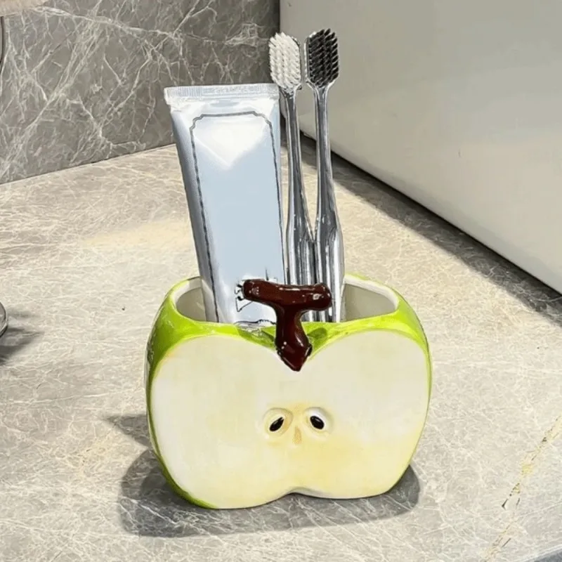 Creative Ceramic Toothbrush Holder Waterproof Non Slip Makeup Brush Storage Half Fruit Space-Saving Toothpaste Storage Rack