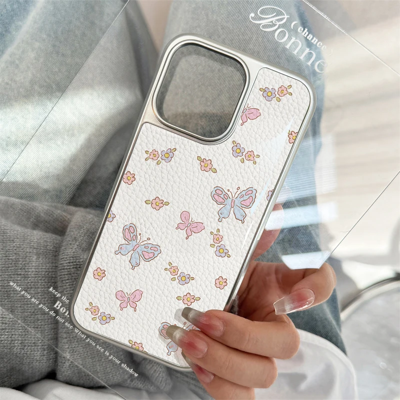 الفراشات والنباتات جراب هاتف آيفون 11/12/13/14/15/16/17 برو ماكس الهواء زائد الايبوكسي جراب هاتف نسيج جلد البولي يوريثان