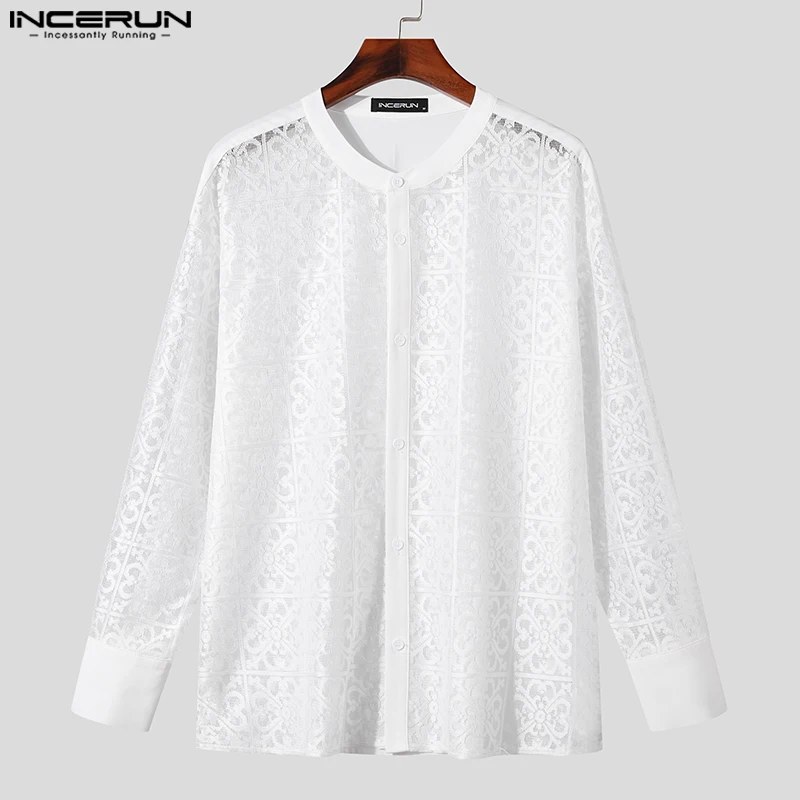 INCERUN-camisa de encaje transparente para hombre, ropa de manga larga con cuello levantado, suelta, Sexy, informal, a la moda, S-5XL, 2024