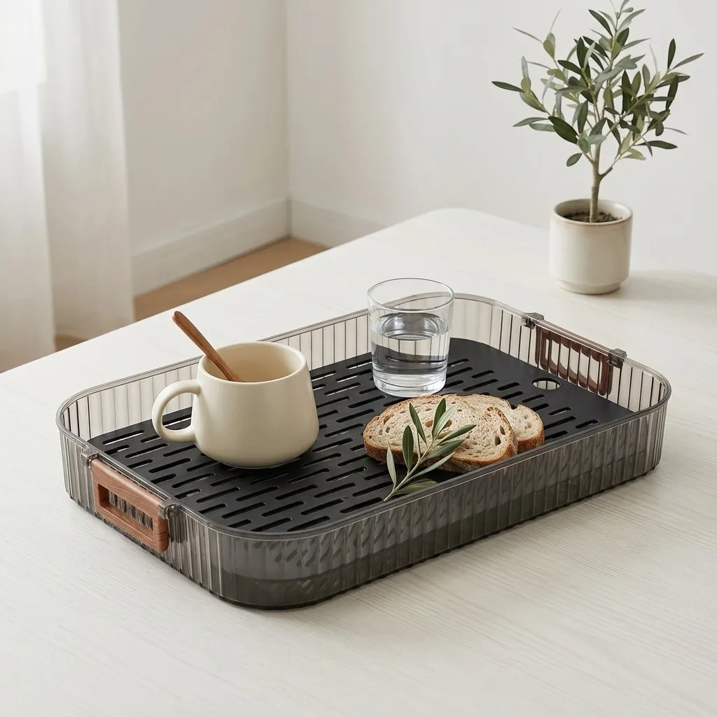 Plastic Double Layer Drain Tea Tray With Handles Rectangle Food Trays Coffee Breakfast Serving Tray Kitchen Storage Organizer