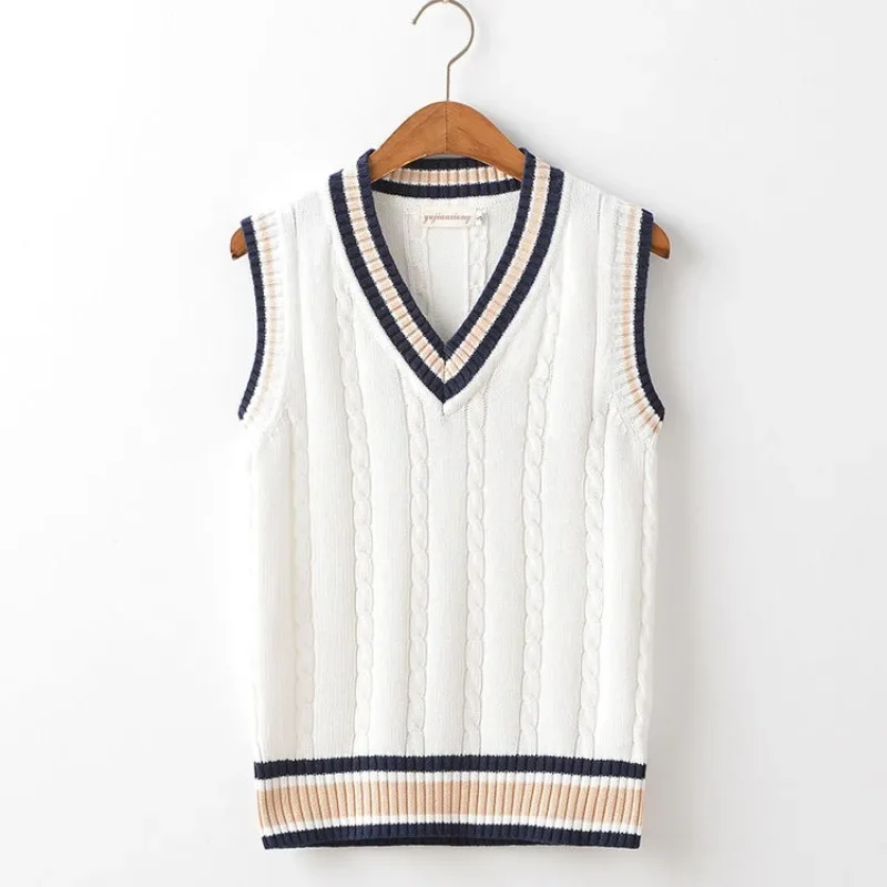 Striped White Knitted Sweaters for Men Blue Sleeveless Man Clothes V Neck Vest Red Waistcoat Jumpers Sweat-shirt Cigaret Cotton