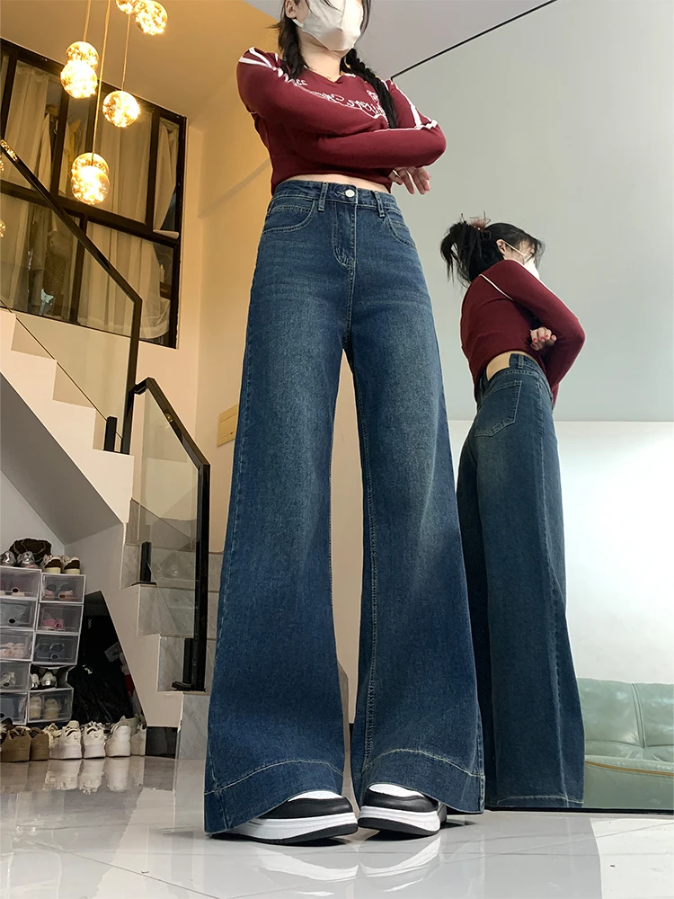 กางเกงยีนส์ทรงบานสีน้ำเงินสไตล์เรโทรสำหรับผู้หญิง ทรงหลวม เอวสูง ไม่ต้องใส่เลกกิ้งเข้าชุด ช่วยให้ดูผอม ไซส์ใหญ่ ยาวคลุมเท้า สไตล์ลำลอง
