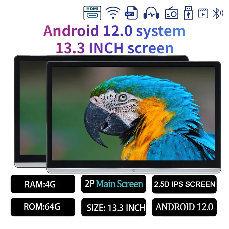 13.3/14 "Auto Hoofdsteun Monitor Display IPS Android 12 2G + 32G/4G + 64G/8G + 128G Touchscreen Voor Auto Achterbank Speler Dual HDMI Muziek