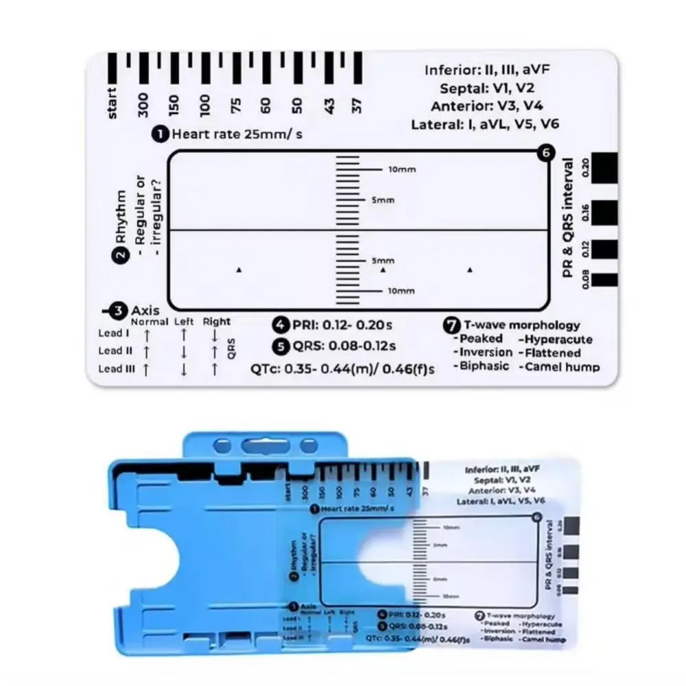 Interpretation ECG 7 Step Ruler Card Portable Pocket with Protective Sheath Ecg/Ekg Reference Guide Emergency Tool Measuring