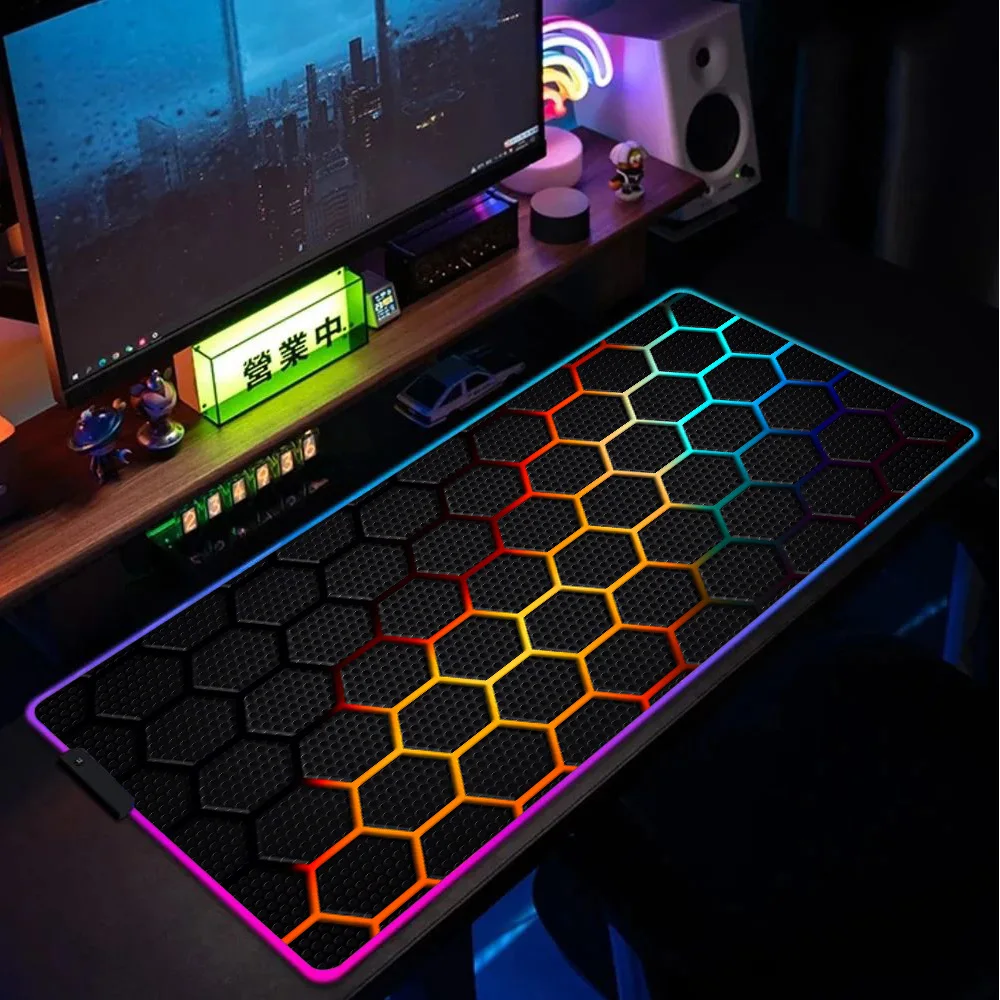 

Коврик для мыши XXL для геймеров с шестиугольной структурой и градиентной неоновой подсветкой, декор для игровой комнаты, настольный коврик, светодиодный коврик для мыши