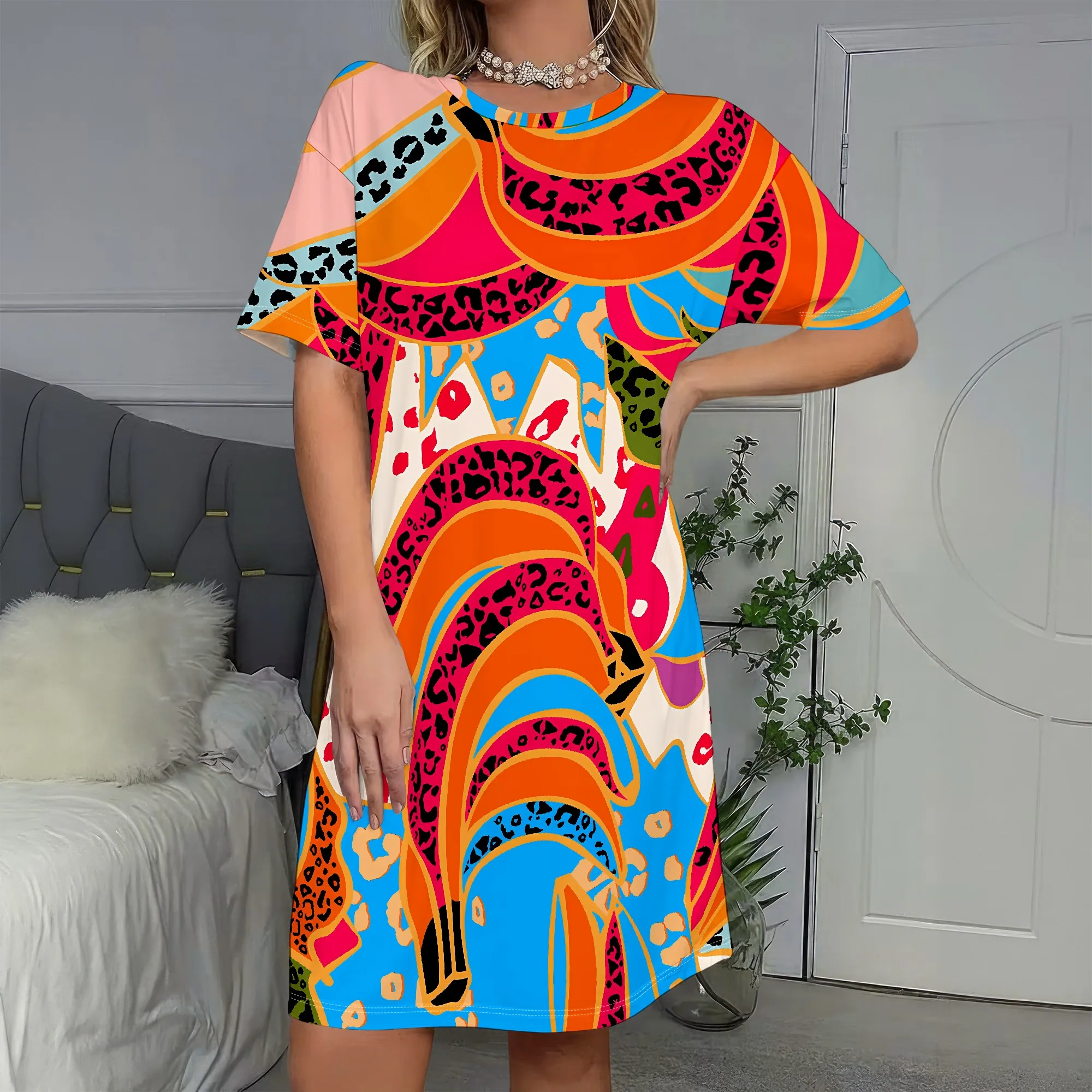 

Vibrant Print, Short Sleeve Dress, Abstract Art Style, Colorful Pattern, Casual Wear, S-2XL