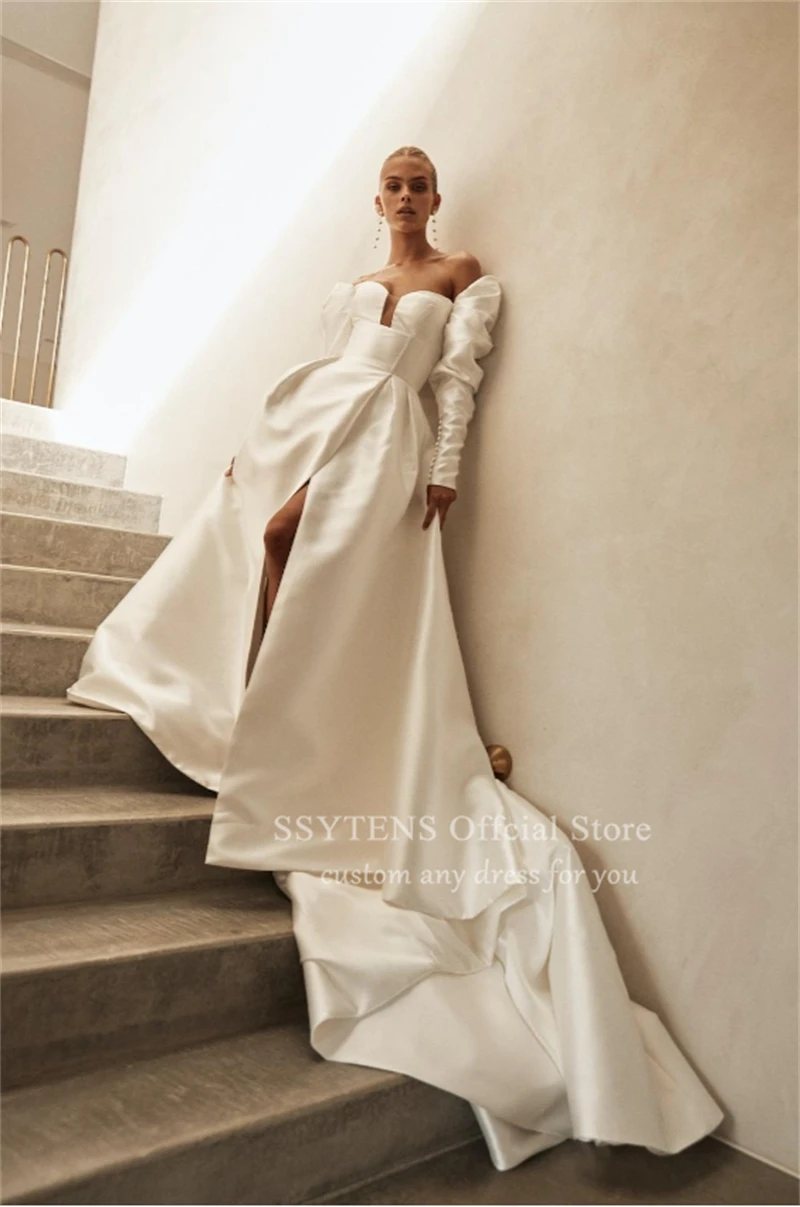 SSYTENS Vintage Off The Shoulder A-Line Lace Bride Gown Sweetheart Neck Satin Slit Lace Up Back Wedding Dresses Women Customized