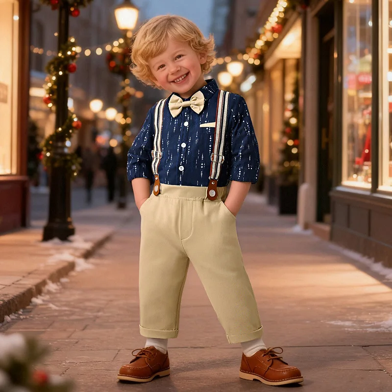 

Baby Boys Gentleman Outfit Long Sleeve Shirt Bow Tie Suspender Pants 2PCS Set Formal Birthday Party Wedding Pageboy Clothes Suit