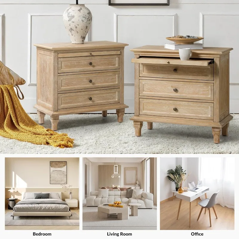 منضدة مزرعة 3 أدراج مع صينية، منظم أدراج بأرجل خشبية صلبة، منضدة مع محطة شحن (Nat)