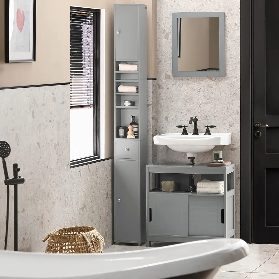 خزانة حمام ضيقة، وحدة طويلة نحيفة مع أرفف قابلة للتعديل، خزانة أرضية رفيعة مضادة للرأس، رمادي BZR34 #2