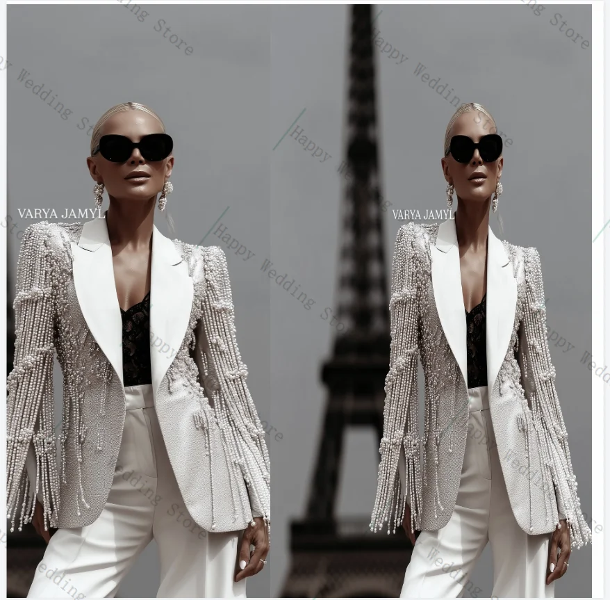 

Luxury Pearls Beading Women Suit Set 2 Piece Blazer+Pants Trousers Formal Office Lady Customized Wedding Tuxedos Prom Coat