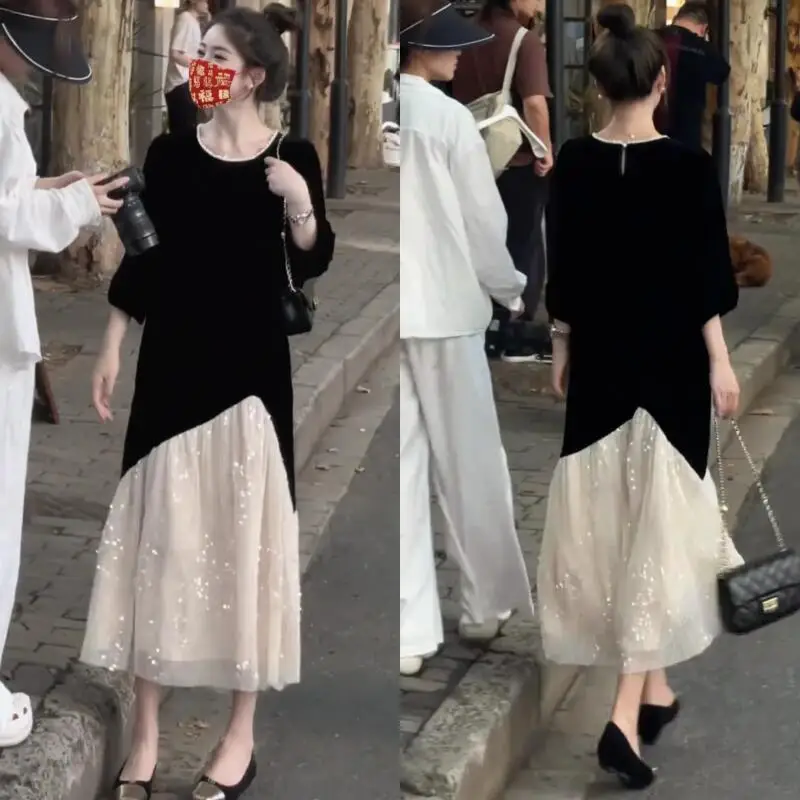 2026년 신모델 스타일리시 고급 플러스 사이즈 스팽글 메쉬 스플라이싱 센세이셔널 럭셔리 기품을 보여주는 점프수트 스커트