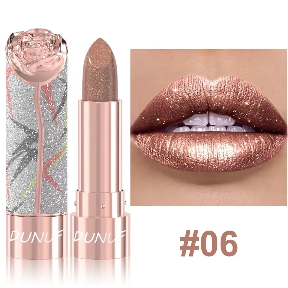 New 7 Colors Metallic Lipstick Floral Embossed Waterproof Shimmer Lip Glaze Long Lasting Pearl Pink Lip Mud Cosmetic