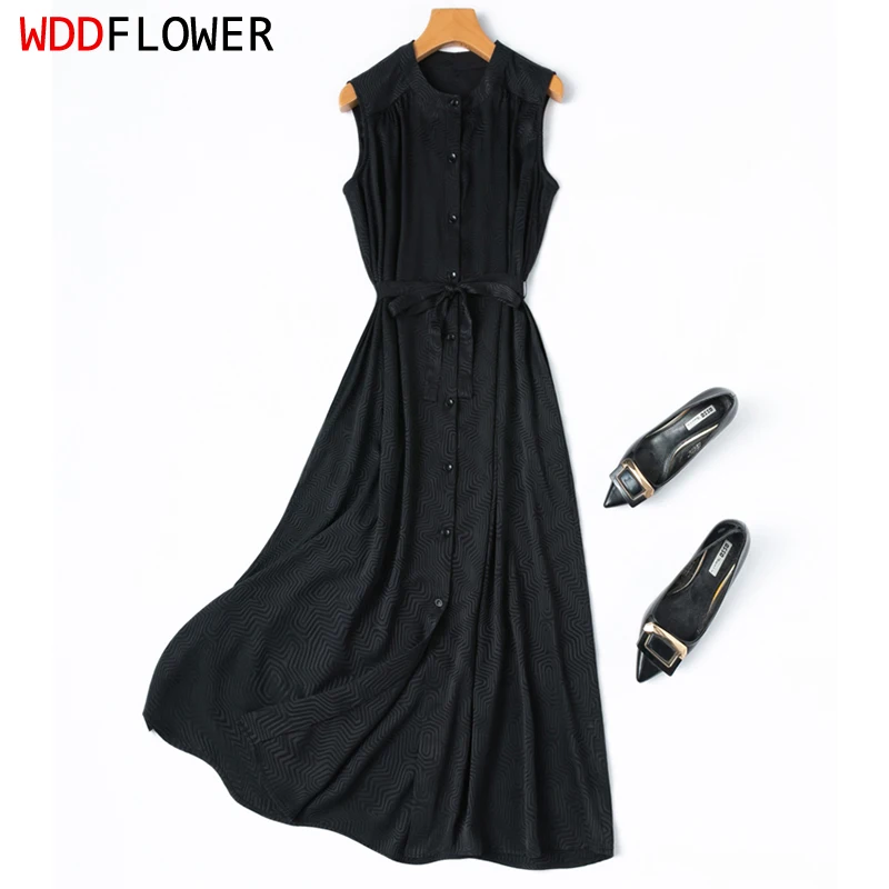 

Women Silk Tank Dress 93% Mulberry Silk 7% Spandex 22 Momme Black Jacquard Silk Sleeveless Buttons Down Long Midi Dress M1378