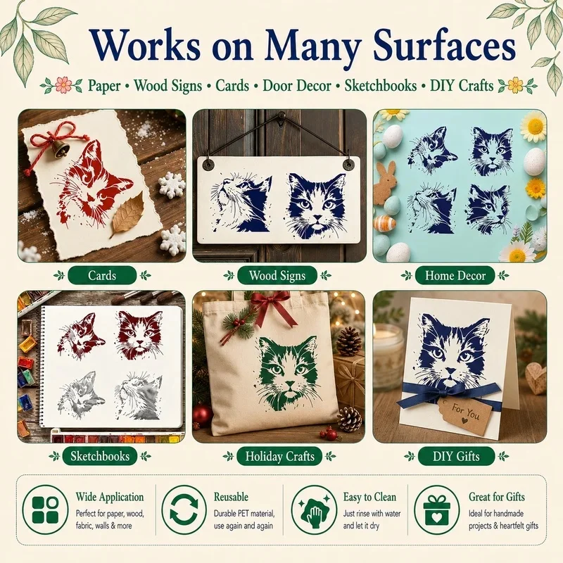 4pcs Cat Face Pattern Stencils with Abstract Cat Face Painting Stencil PET Cats Graffiti Stencils Themes Template for Wall & DIY