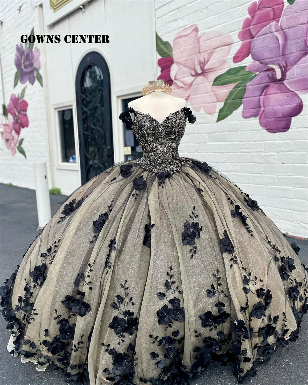 Unique Black 3D Flowers Off The Shoulder Ball Gown 15 Year Old Quinceanera Dresses 2024 Tulle Floor Length Birthday Party Dress