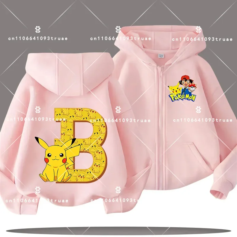 

2026 New Pikachu Spring Autumn Jacket with Letter A-Z Cartoon Print Children's Zippered Hooded Sweatshirt for Boys Casual Shirt