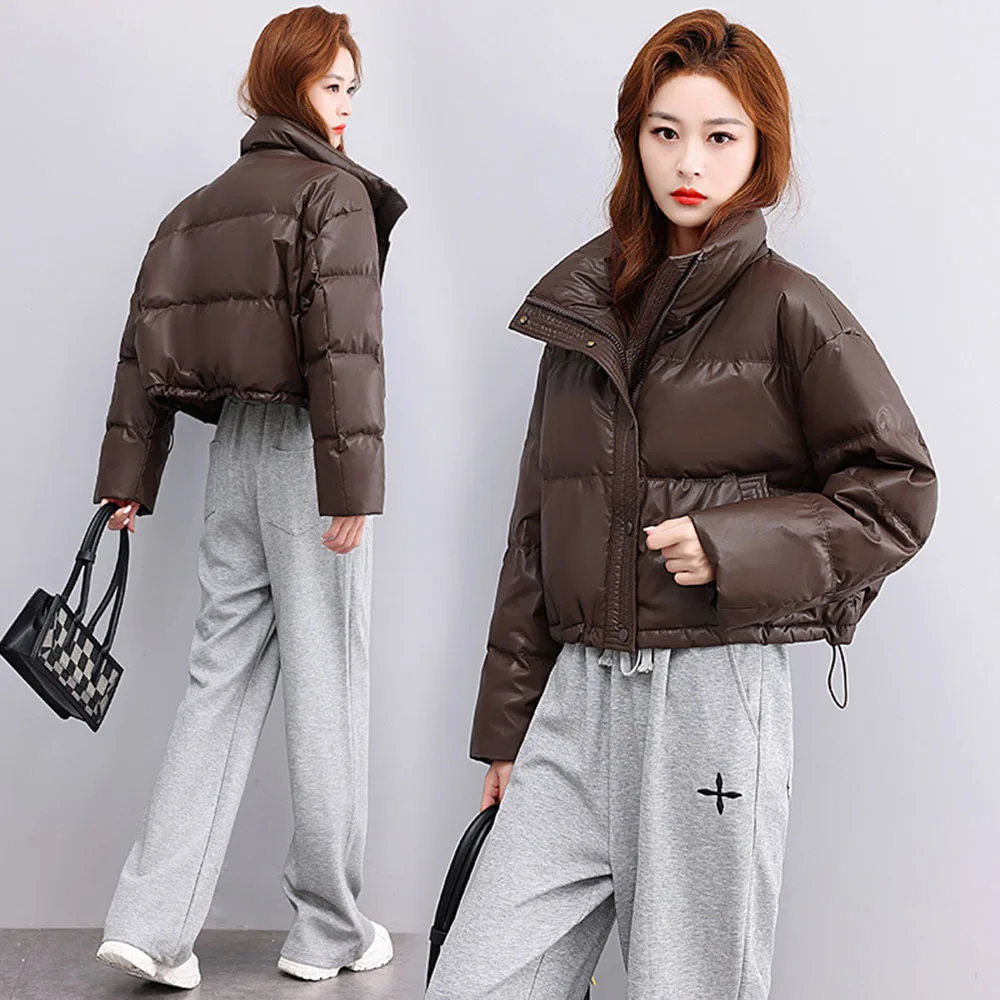 Winter Short Down Cotton Coat for Women 2024 New Stand-up Collar PU Leather Bread Clothes Parka Female Casual Warm Solid Jackets