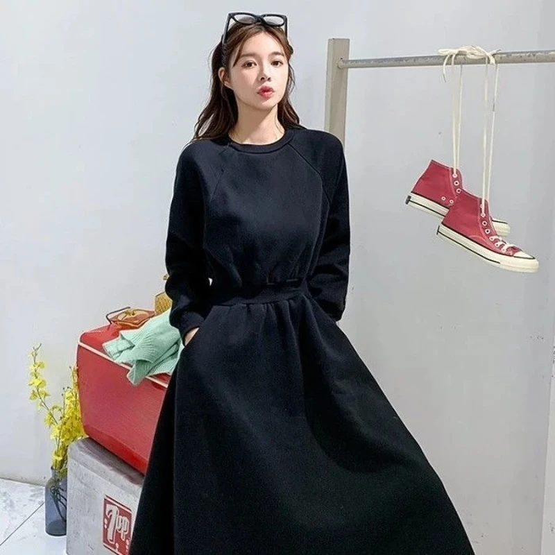 Women Long Sleeve Sweatshirt Dress 2026 Spring Fall Slim Fit Waist Tie Flare Long Elegant