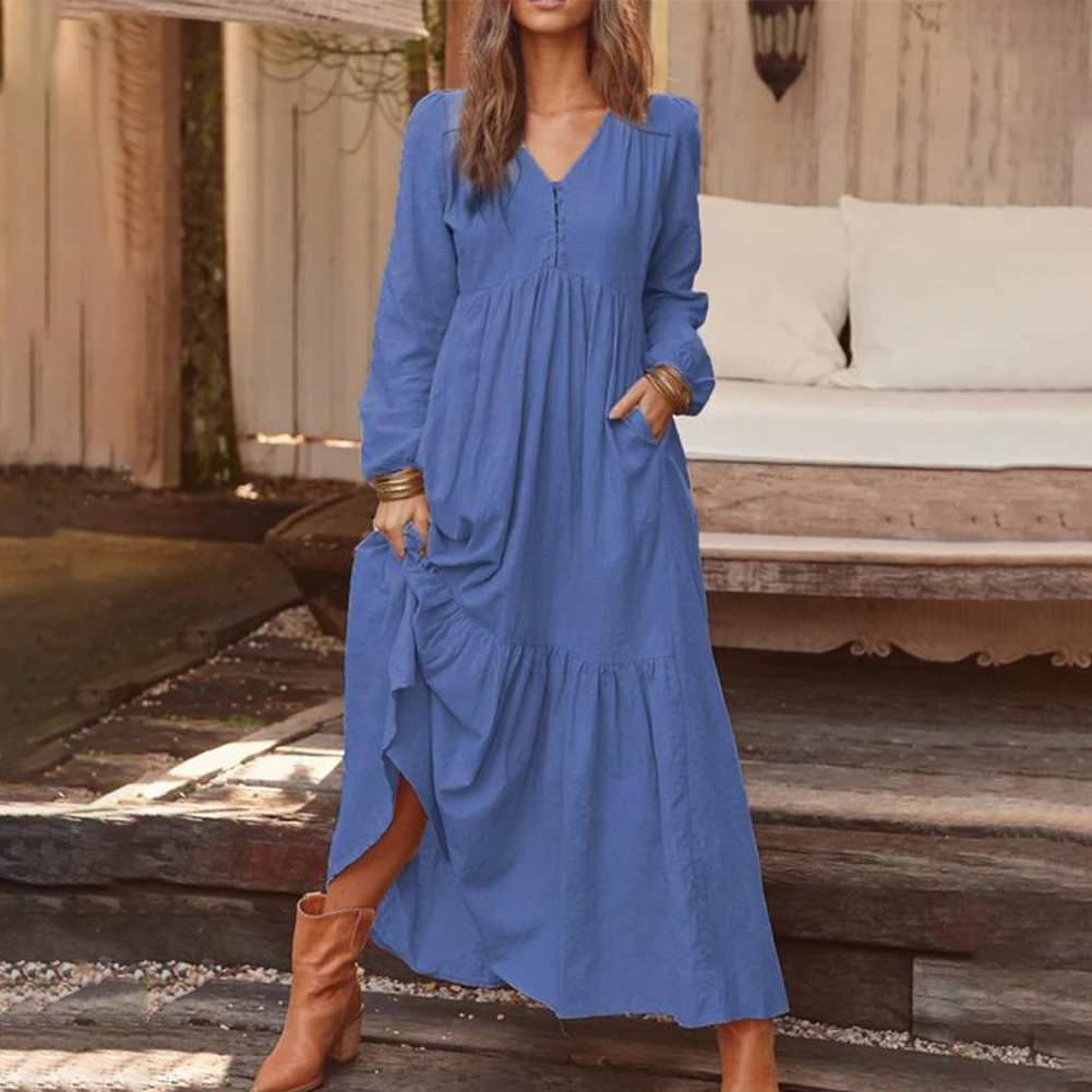 Fashion Home Outdoor Dress Women\\\'s Clothes Beach/Daily Cotton Linen Long Sleeve Maxi Dress Non Strech Regular