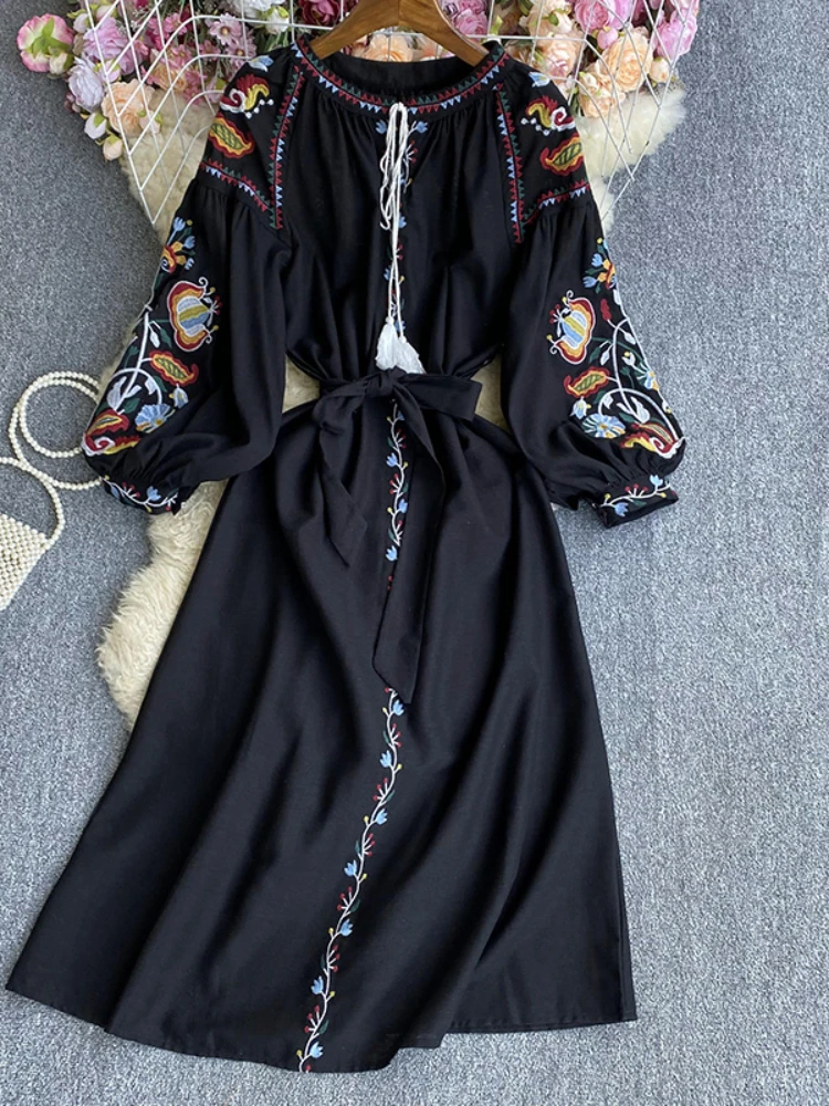 Spring Autumn Elegant Vintage Ethnic Style Loose Dress Women Round Neck Lantern Sleeves Party Slim A-line Cotton Hemp Robe