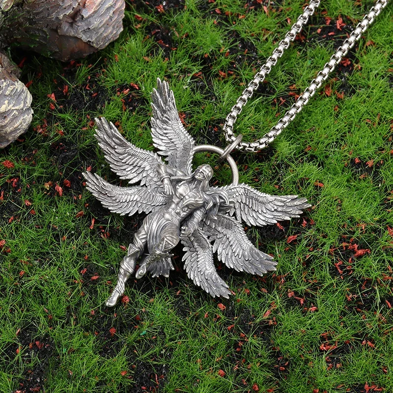 Retro Mythical Seraph Warrior Patron Saint Pendant Necklace for Men\\'s Punk Fashion Trend Party Jewelry Gift