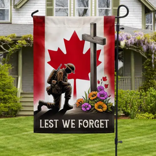 Canadian Veteran Kneeling Soldier Cross Lest We Forget Flag Garden Flag