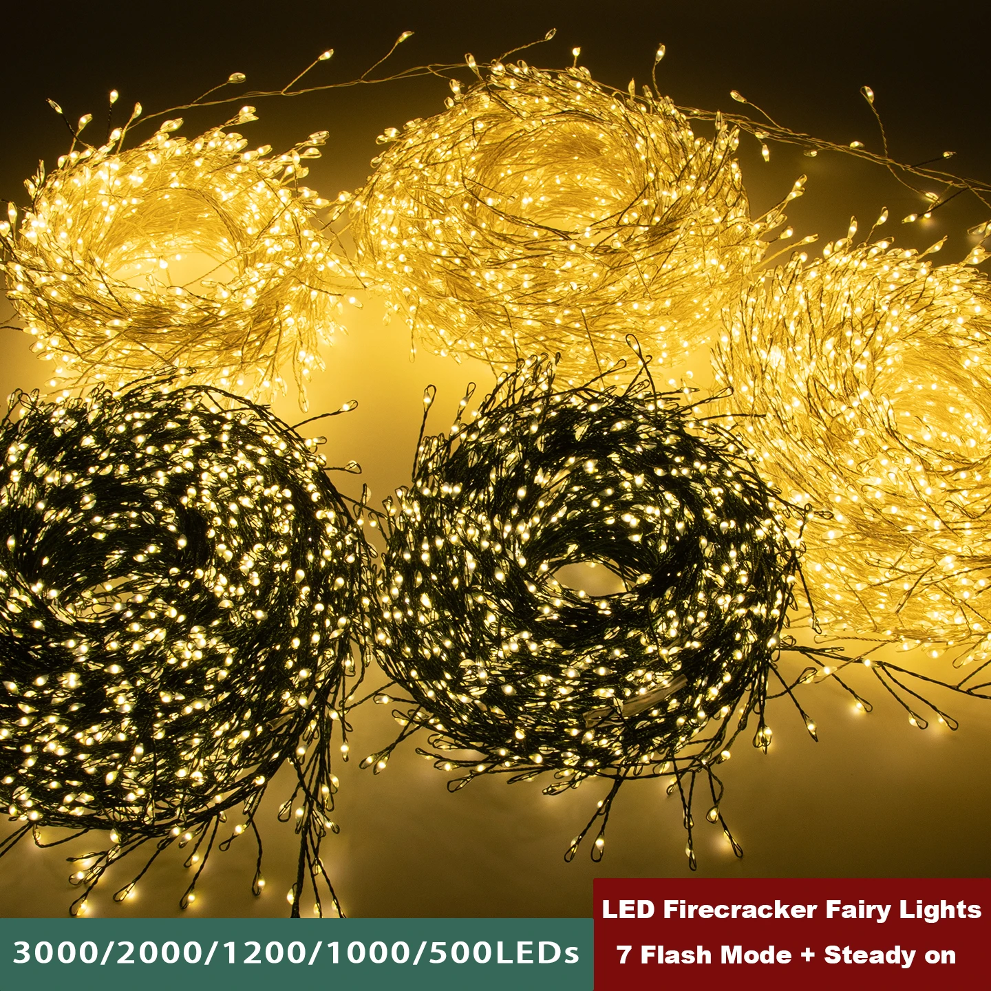 Ghirlanda di decorazioni natalizie Filo di rame LED Petardo Luci a corda Cluster remoto Luce fata per la decorazione della stanza della festa nuziale