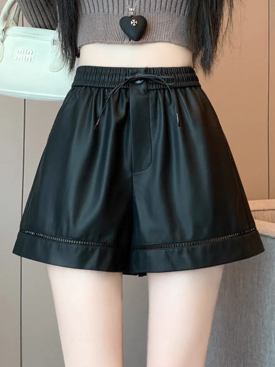키 작은 여성용 하이웨이스트 PU 레더 숏팬츠, 신축성 있는 A라인 와이드 레그 부티 숏팬츠 (2025년 가을/겨울)