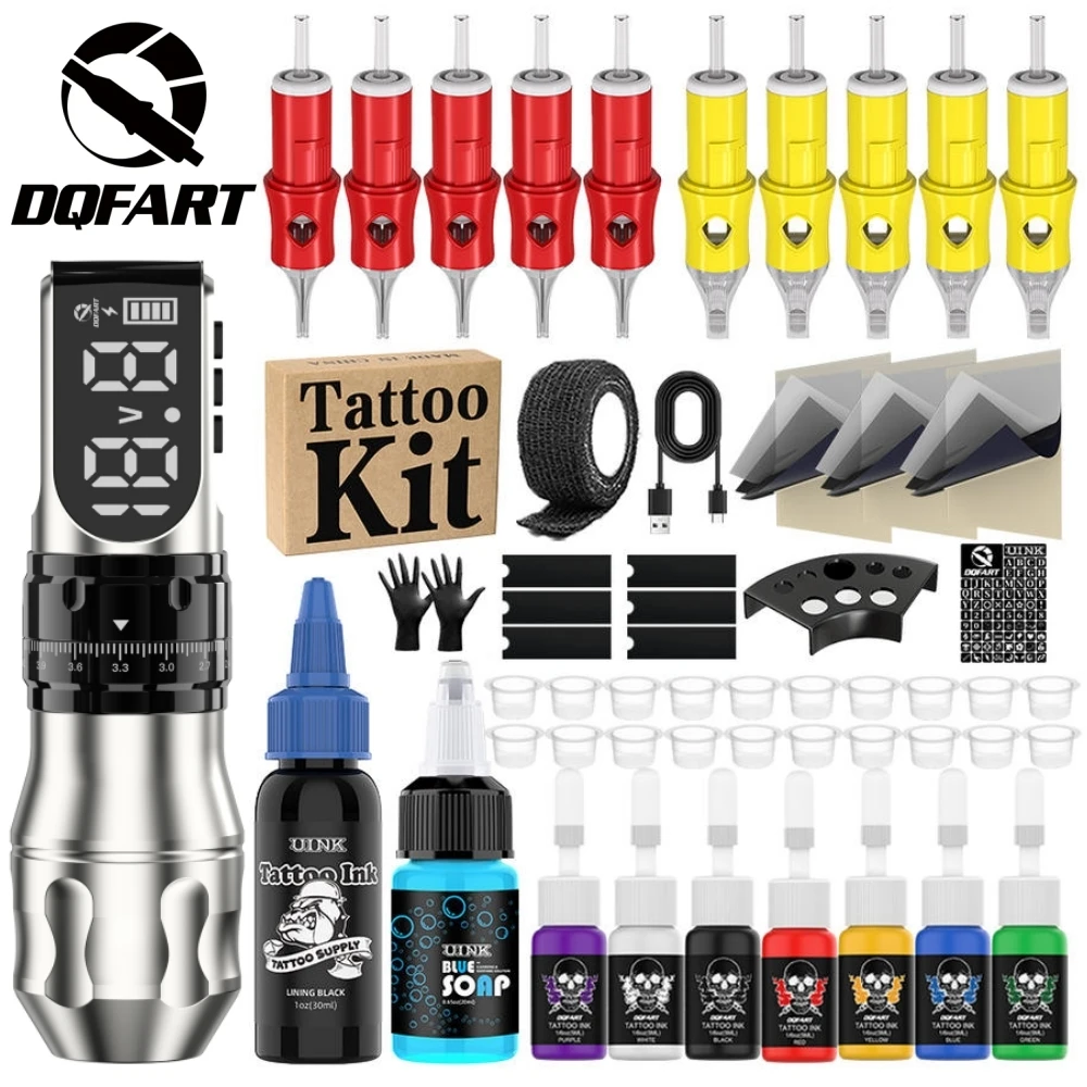 DQFART T9 Led Digltal Display Alloy 1700mAh Electric Wireless Tattoo Machine Set Tattoo Ink Blue Soap Transfer Paper Needles