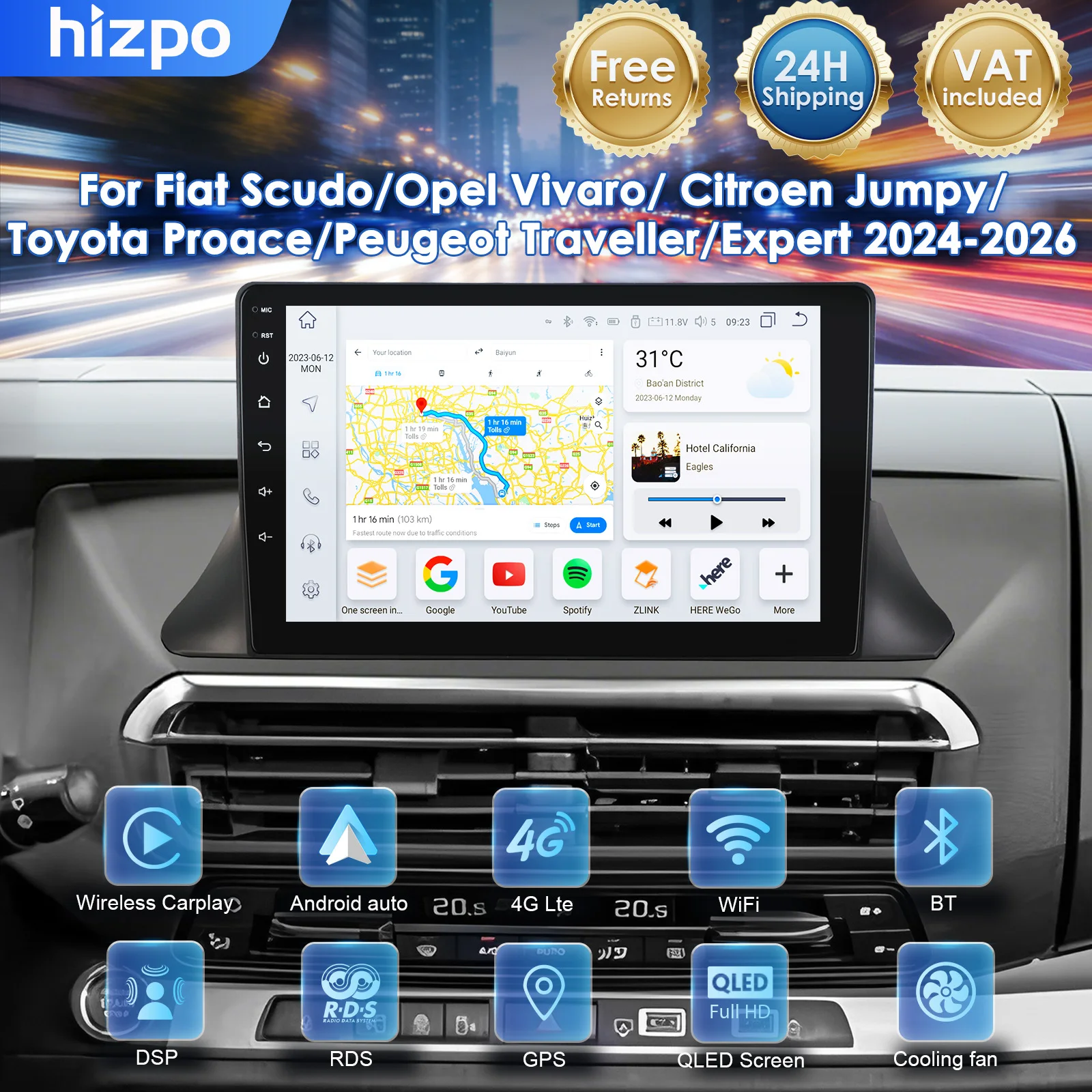 Autoradio Multimediale Hizpo AI 7862 per Fiat Scudo/Opel Vivaro/Citroen Jumpy/Toyota Proace/Peugeot Traveller/Expert 2024 - 2026, Lettore Stereo con CarPlay Wireless, Android Auto, Schermo QLED, GPS