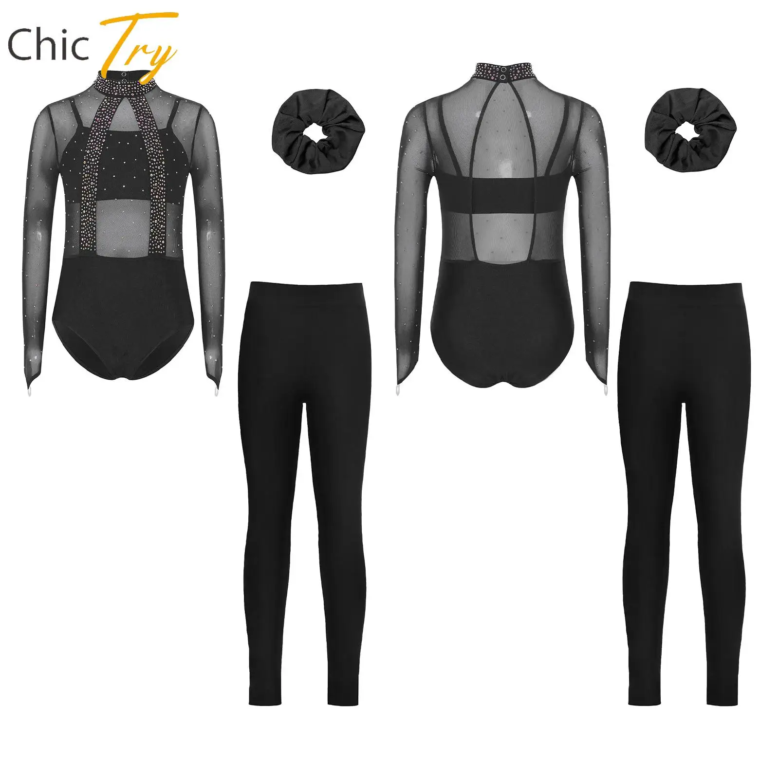 Kids Girls Ballet Dance Sets Four Piece Shiny Rhinestones Mesh Dancewear Sets for Athletic Figure Skating Gymnastics Performance