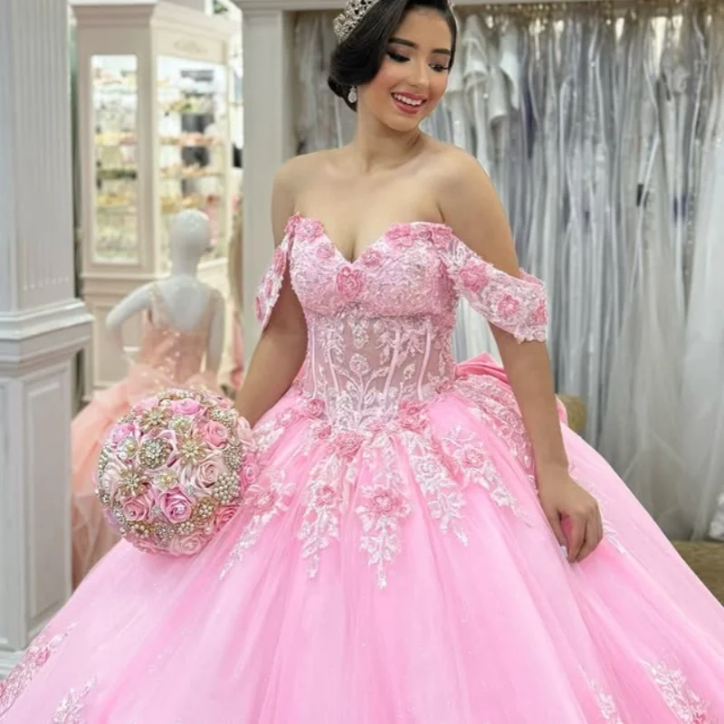 

Customized Pink Quinceanera Dresses Off the Shoulder sequin applique Long tail Lace 3D flower Bow Vestido 15 Quinceanera