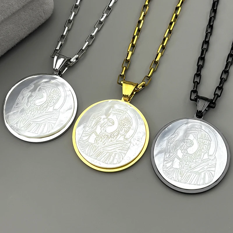 

Religion Padre Pio Pendant Necklace For Women Men Stainless Steel Natural Shell Christianity Saint Chain Jewelry Accessories