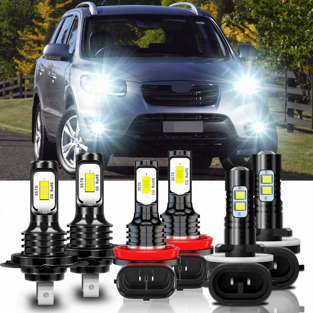 6000K 160W 38000LM For Hyundai Santa Fe 2007-2012 Combo LED Headlight High/Low Kit + Fog Light Bulb