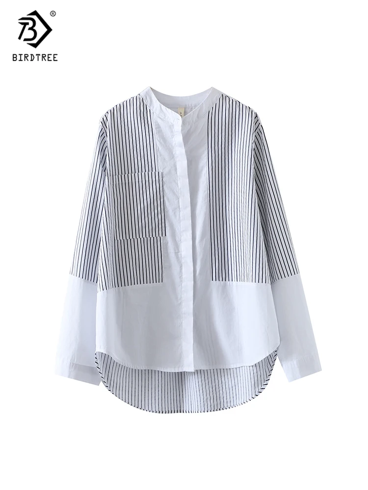 2022 Autumn Women Striped Print Cotton White Shirt Loose Full Sleeve Stand Collar Long Blouse Casual Office Wear Basic Tops