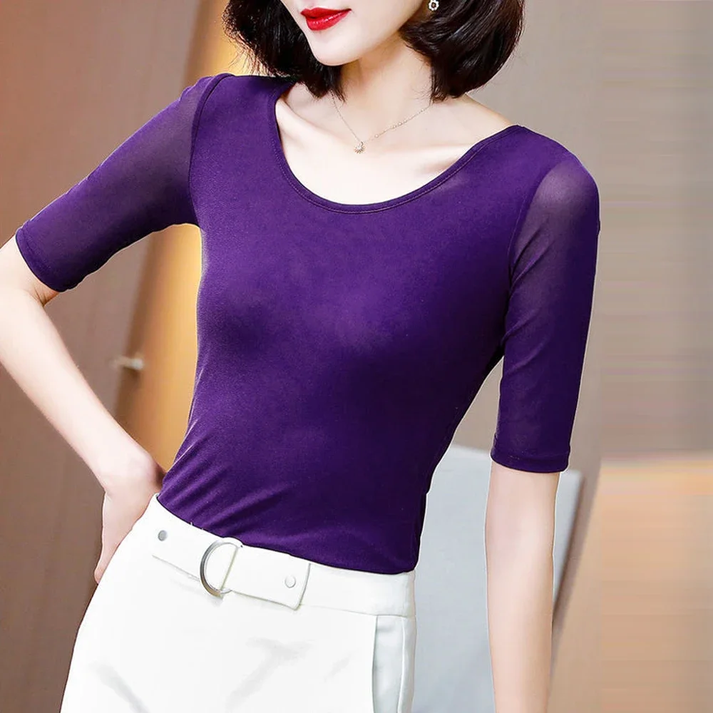 Women S-3XL Mesh Perspective T Shirt Black Green Red Colorful O Neck Female Blouses Transparent Short Sleeve O-neck Shirt Woman