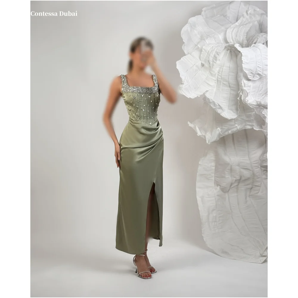 

Contessa Dubai Shiny Rhinestone Decorated Shoulder Strap Prom Dresses Tight Pleat Splitفساتين سهراتAnkle-Length Srobes de soirée