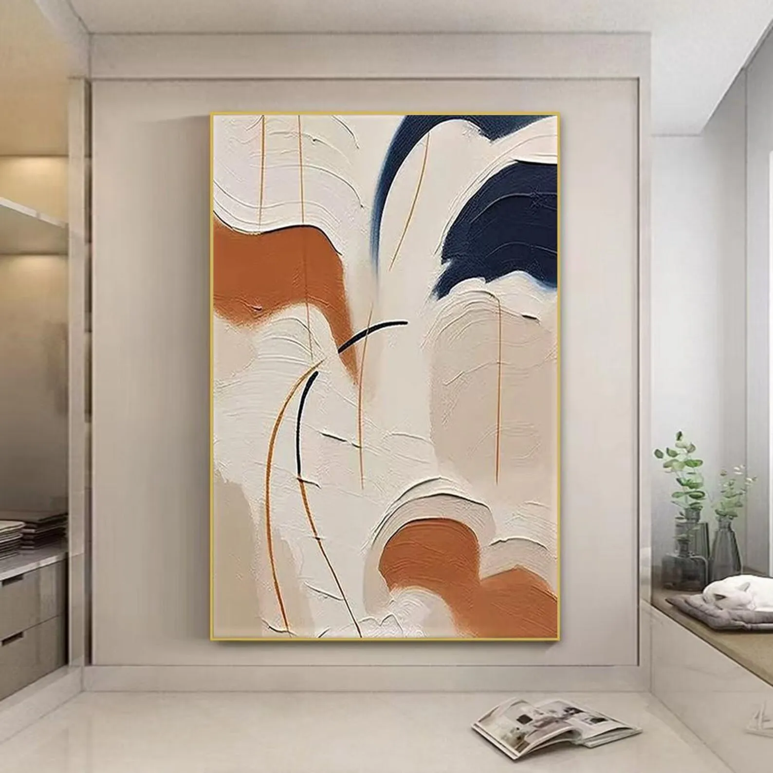 Минималистичная абстрактная картина маслом в технике импасто от Mhemyo на холсте, нейтральные тона, текстурная настенная живопись, современный бохо-стиль для декора дома.