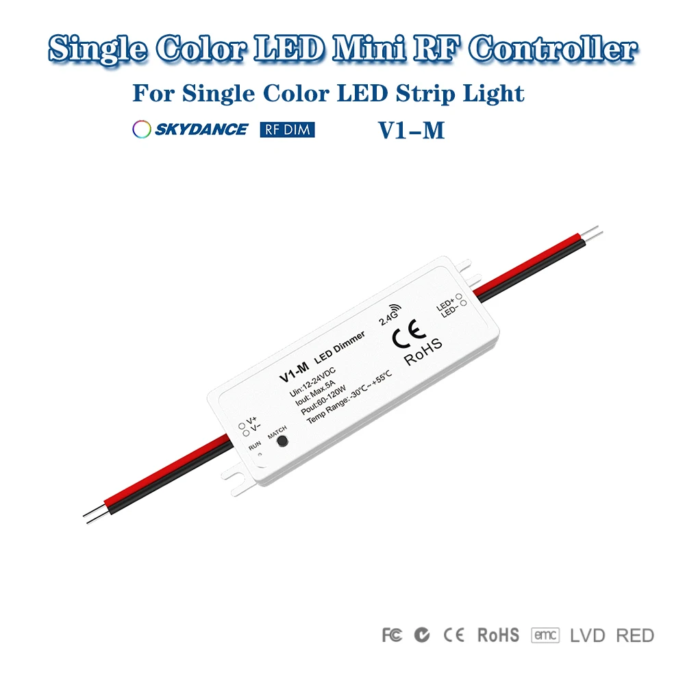 Skydance V1-M/V1-M(D) DC12-24V Mini 2.4GHzRF 5A 1CH Constant Voltage LED Controller For Single Color LED Strip Light