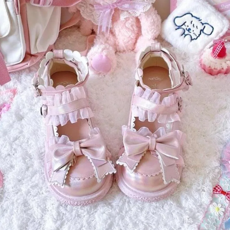 Lolita shoes Japanese Kawaii Sweet Sandals Women Bow Style Chic Mary Janes Shoes Buckle Design Round Toe Cute Casual Shoes