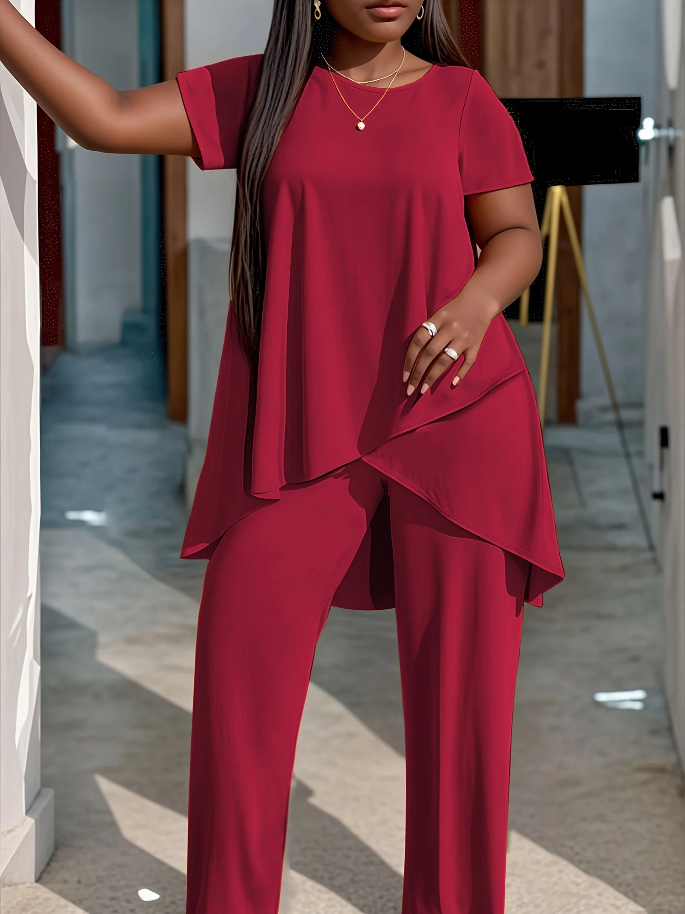 

Женский элегантный комплект из футболки и брюк больших размеров с короткими рукавами, трикотаж 92% полиэстер и 8% спандекса, дизайн с круглым вырезом, a