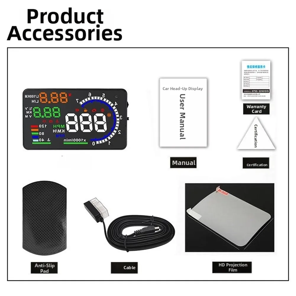 HUD Display for Car OBD2 Speed RPM Water Temperature Voltage Fuel Consumption Real Info High Resolution Projector Compact