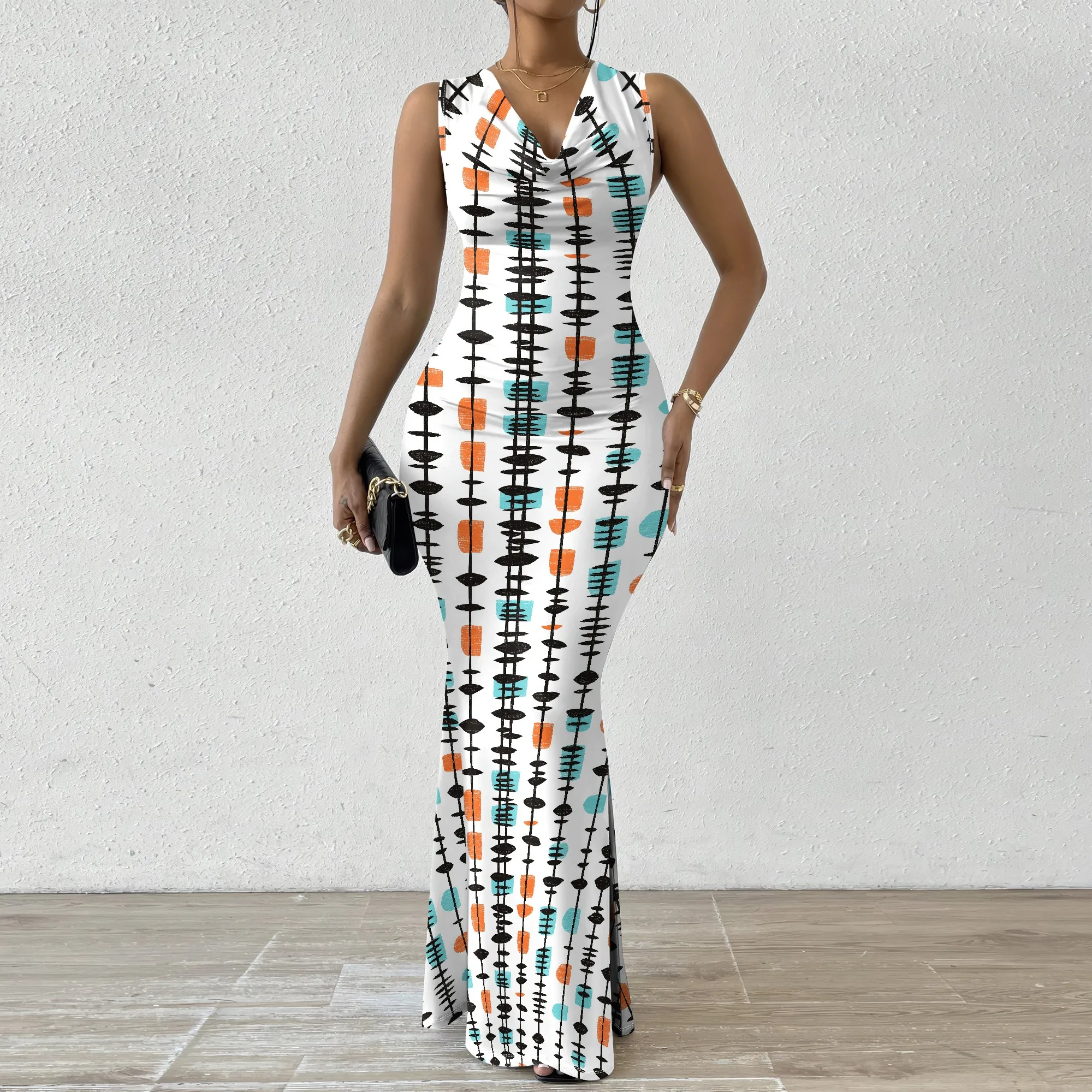 

Plus Size Atomic Mid-Century Print Maxi Dress XS-2XL V-Neck Sleeveless Bodycon Dress for Art Show or Retro Brunch Look