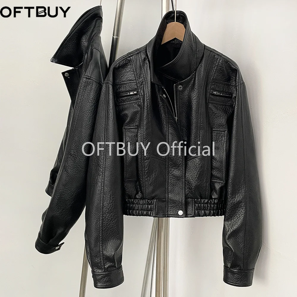 OFTBUY Damen Schwarze Kunstleder-Cropped-Aviatorjacke, Strukturierter PU-Mantel mit Elastischem Saum, Neue Vintage-Freizeitjacke – Detail 36